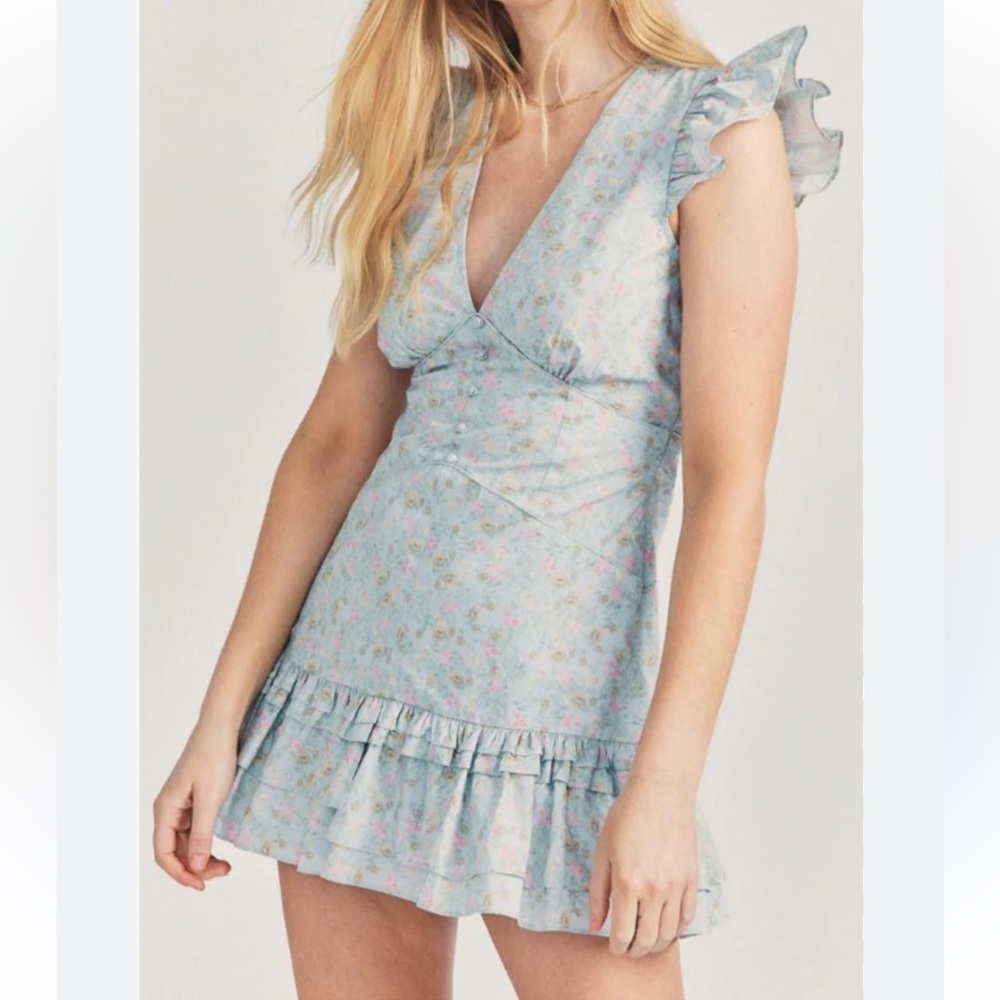 Loveshackfancy Arthur chambray small floral print fit flare mini ruffle dress